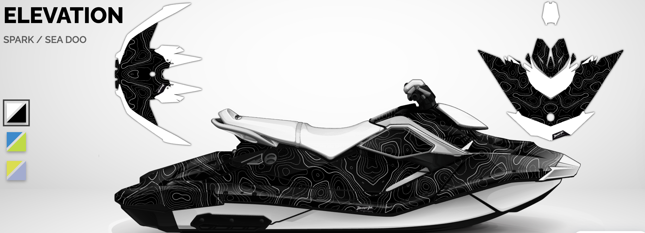 Black and white Elevation wrap with topographical lines on a Sea-Doo Spark by Deviant Ink